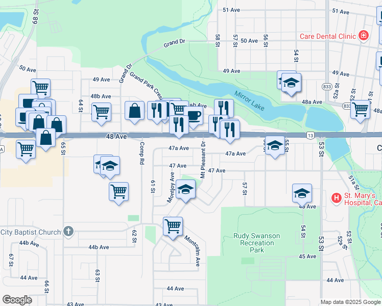 map of restaurants, bars, coffee shops, grocery stores, and more near 2 Mount Pleasant Drive in Camrose