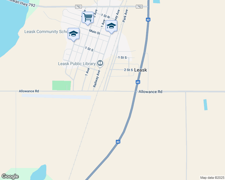 map of restaurants, bars, coffee shops, grocery stores, and more near 803 Allowance Road in Leask