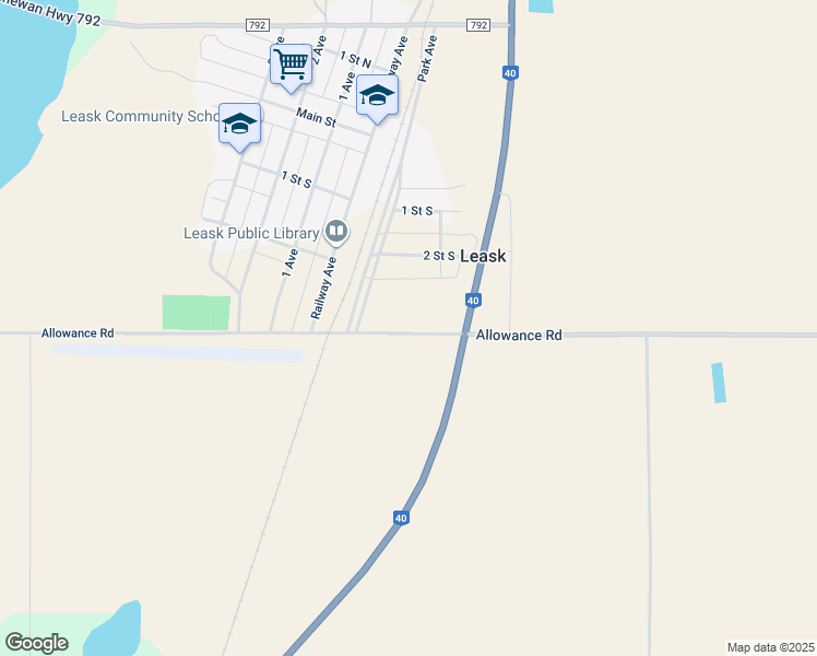 map of restaurants, bars, coffee shops, grocery stores, and more near 803 Allowance Road in Leask