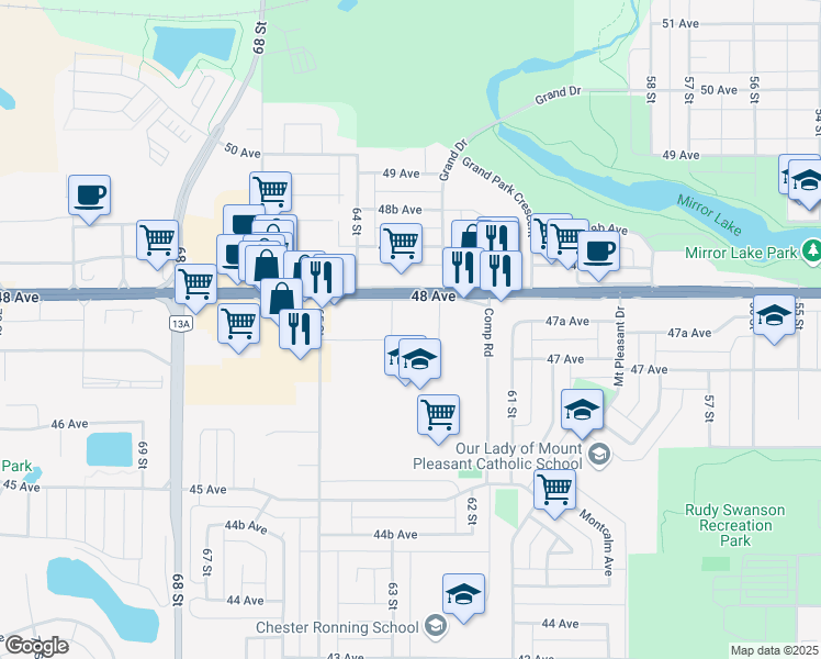 map of restaurants, bars, coffee shops, grocery stores, and more near in Camrose