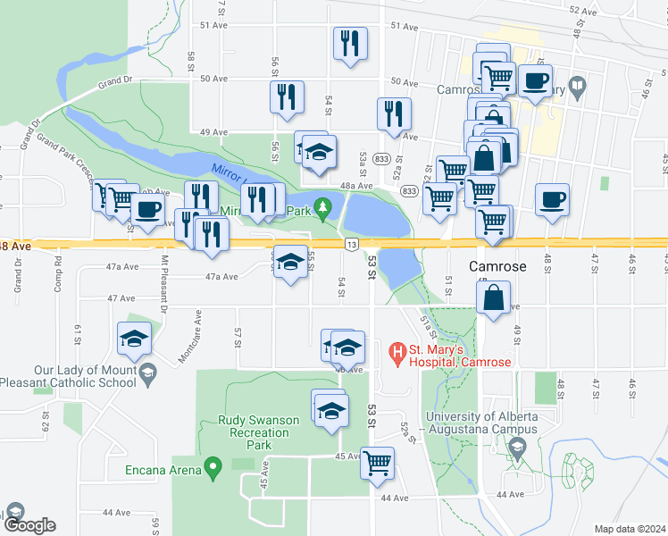 map of restaurants, bars, coffee shops, grocery stores, and more near 4718 54 Street in Camrose