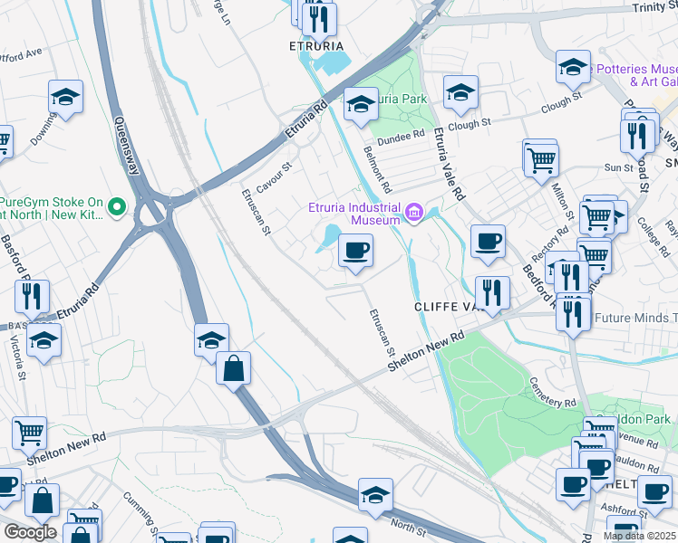 map of restaurants, bars, coffee shops, grocery stores, and more near Waterlily Close in Stoke-on-Trent
