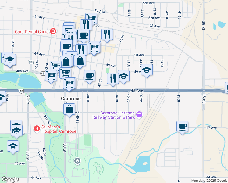 map of restaurants, bars, coffee shops, grocery stores, and more near 4722 46 Street in Camrose