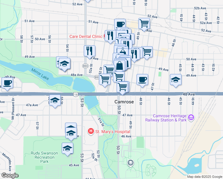 map of restaurants, bars, coffee shops, grocery stores, and more near 4825 51 Street in Camrose