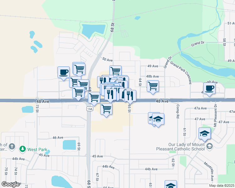 map of restaurants, bars, coffee shops, grocery stores, and more near 6540 48 Avenue in Camrose