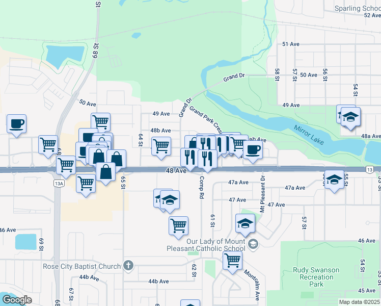 map of restaurants, bars, coffee shops, grocery stores, and more near 37 Grandview Crescent in Camrose