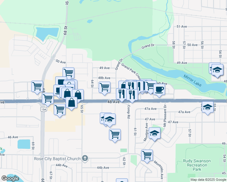 map of restaurants, bars, coffee shops, grocery stores, and more near 44 Grand Drive in Camrose