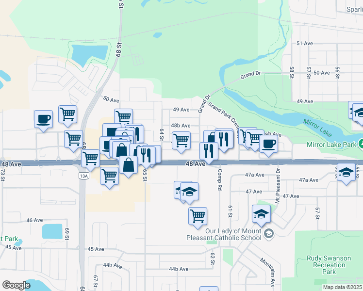 map of restaurants, bars, coffee shops, grocery stores, and more near 6211 48A Avenue in Camrose
