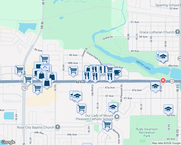 map of restaurants, bars, coffee shops, grocery stores, and more near 31 F Grandview Crescent in Camrose