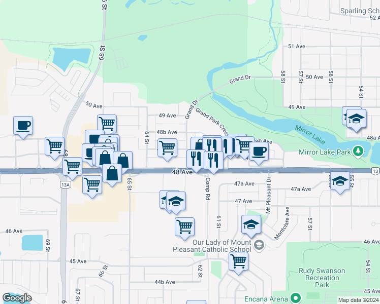 map of restaurants, bars, coffee shops, grocery stores, and more near 41 Grand Drive in Camrose