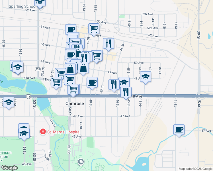 map of restaurants, bars, coffee shops, grocery stores, and more near 4813 47 Street in Camrose