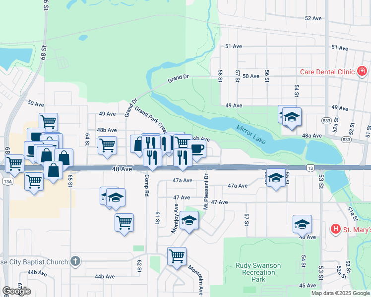 map of restaurants, bars, coffee shops, grocery stores, and more near in Camrose