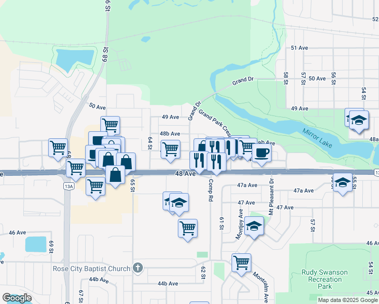map of restaurants, bars, coffee shops, grocery stores, and more near 44 Grand Drive in Camrose