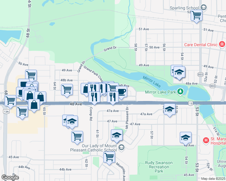 map of restaurants, bars, coffee shops, grocery stores, and more near 4810 60 Street in Camrose