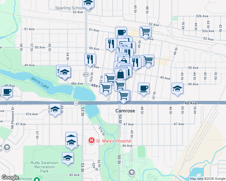 map of restaurants, bars, coffee shops, grocery stores, and more near 4825 51 Street in Camrose