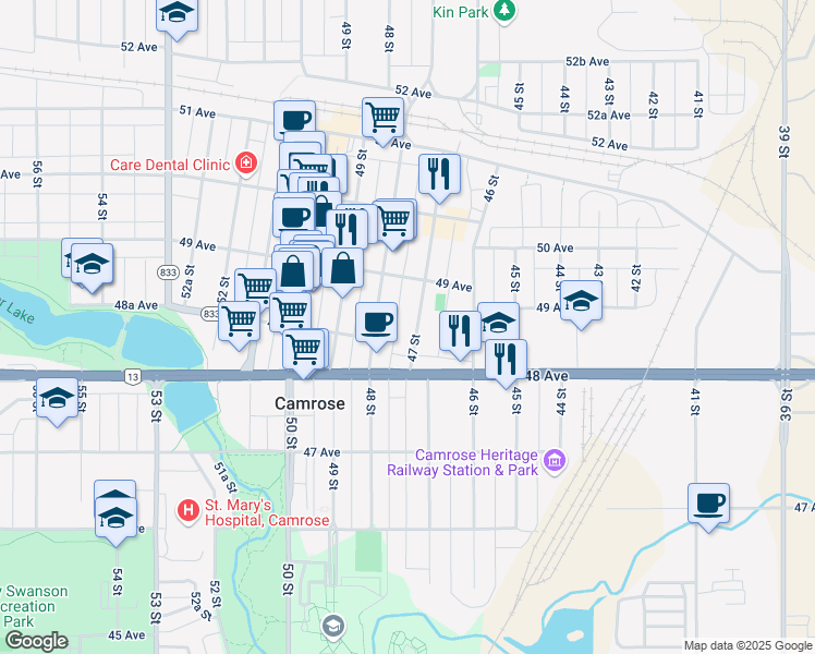 map of restaurants, bars, coffee shops, grocery stores, and more near 4814 47 Street in Camrose