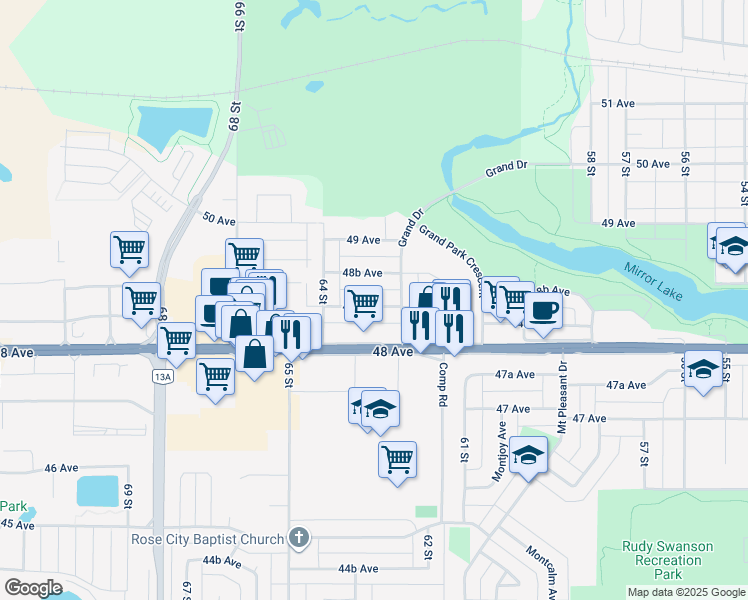 map of restaurants, bars, coffee shops, grocery stores, and more near 6208 48A Avenue in Camrose