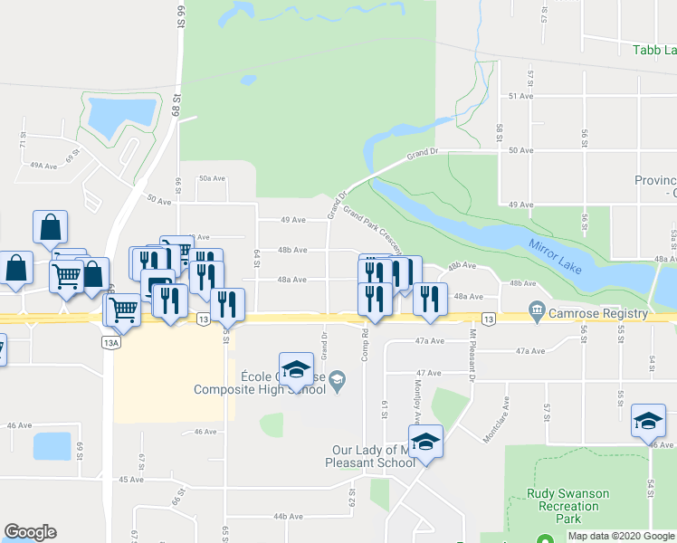 map of restaurants, bars, coffee shops, grocery stores, and more near 41 Grand Drive in Camrose