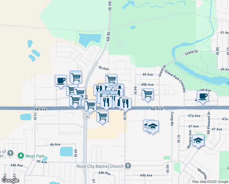 map of restaurants, bars, coffee shops, grocery stores, and more near 6540 48 Avenue in Camrose