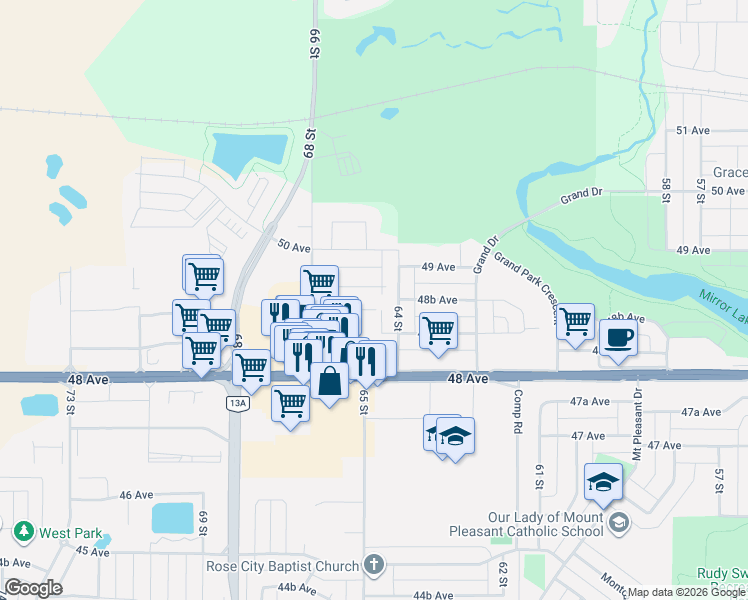 map of restaurants, bars, coffee shops, grocery stores, and more near 6404 49 Avenue in Camrose