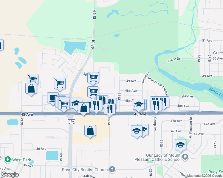 map of restaurants, bars, coffee shops, grocery stores, and more near 6404 49 Avenue in Camrose