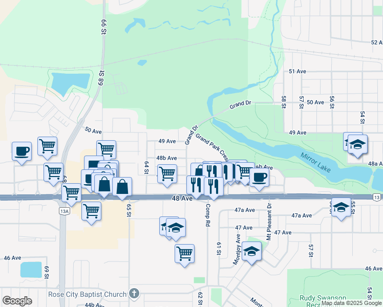 map of restaurants, bars, coffee shops, grocery stores, and more near 33 Grand Drive in Camrose