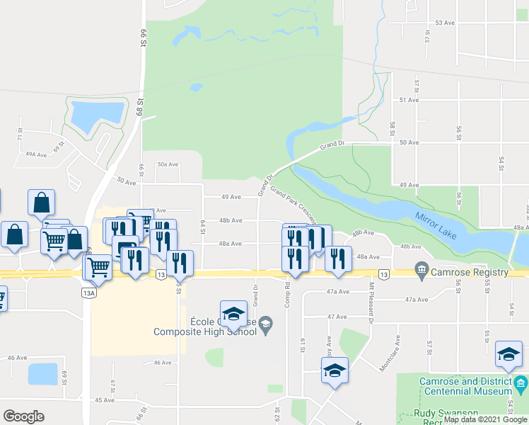 map of restaurants, bars, coffee shops, grocery stores, and more near 30 Grand Drive in Camrose