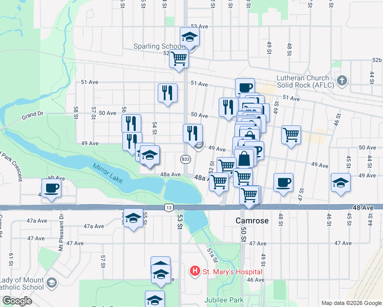 map of restaurants, bars, coffee shops, grocery stores, and more near 4834 52A Street in Camrose