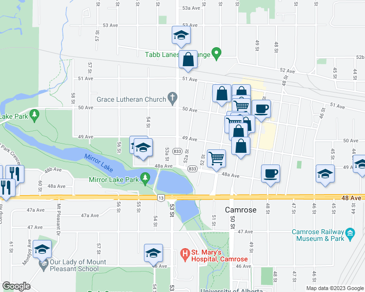 map of restaurants, bars, coffee shops, grocery stores, and more near 4834 52A Street in Camrose