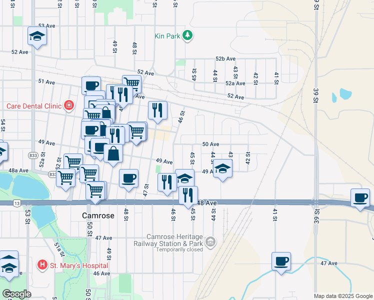 map of restaurants, bars, coffee shops, grocery stores, and more near 4918 45 Street in Camrose