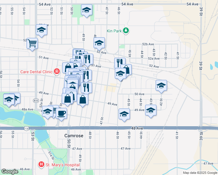 map of restaurants, bars, coffee shops, grocery stores, and more near 4610 50 Avenue in Camrose