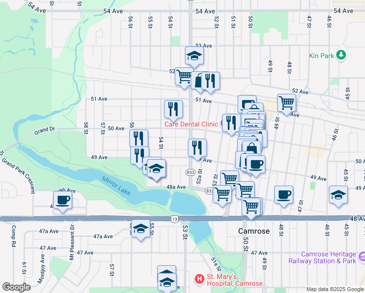map of restaurants, bars, coffee shops, grocery stores, and more near 4908 53 Street in Camrose