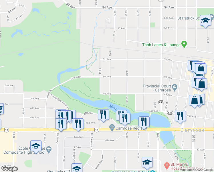 map of restaurants, bars, coffee shops, grocery stores, and more near 4910 57 Street in Camrose