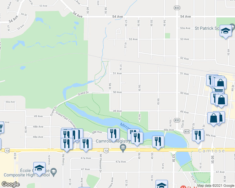 map of restaurants, bars, coffee shops, grocery stores, and more near 4910 57 Street in Camrose