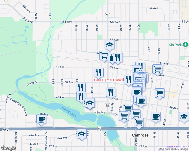 map of restaurants, bars, coffee shops, grocery stores, and more near 5011 54 Street in Camrose