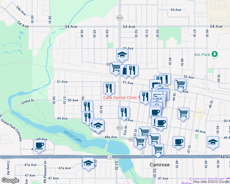 map of restaurants, bars, coffee shops, grocery stores, and more near 5008 53 Street in Camrose