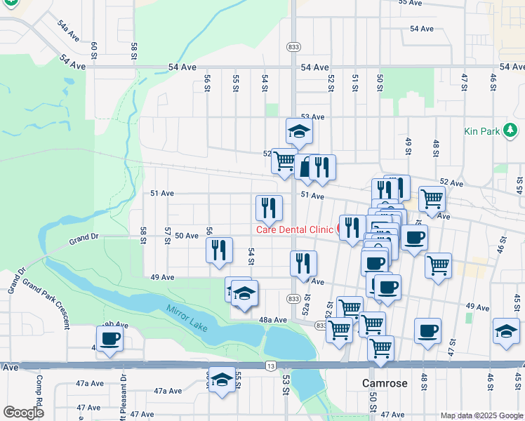 map of restaurants, bars, coffee shops, grocery stores, and more near 5011 54 Street in Camrose