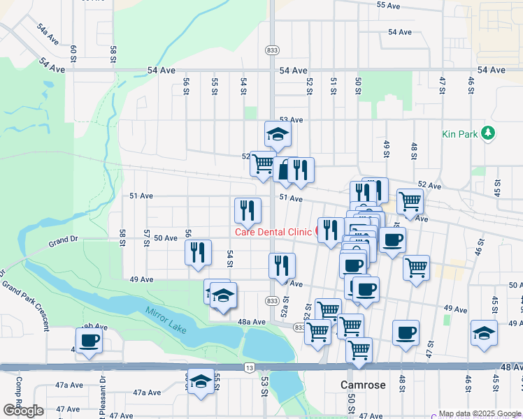 map of restaurants, bars, coffee shops, grocery stores, and more near 5008 53 Street in Camrose