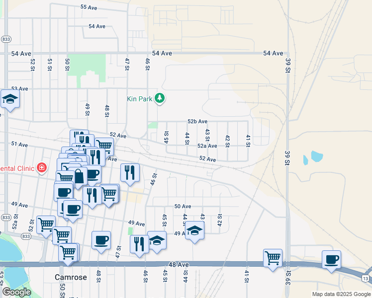 map of restaurants, bars, coffee shops, grocery stores, and more near 4409 52A Avenue in Camrose