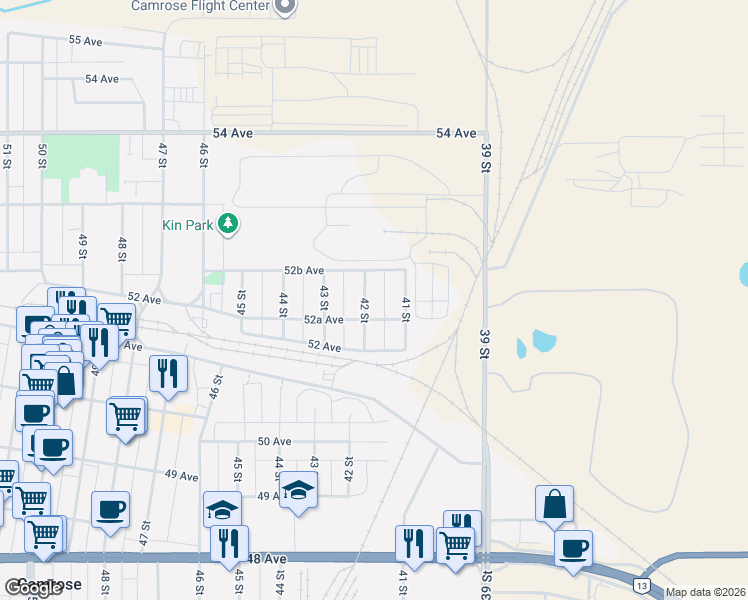 map of restaurants, bars, coffee shops, grocery stores, and more near 5230 41 Street in Camrose