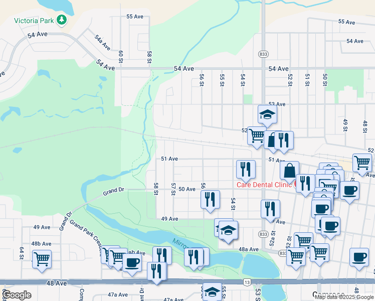 map of restaurants, bars, coffee shops, grocery stores, and more near 5612 51 Avenue in Camrose