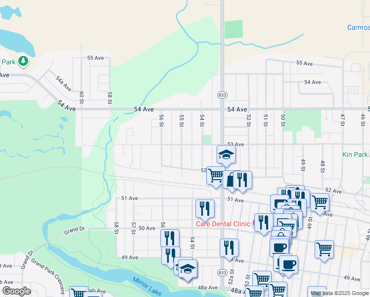 map of restaurants, bars, coffee shops, grocery stores, and more near 5405 53 Avenue in Camrose