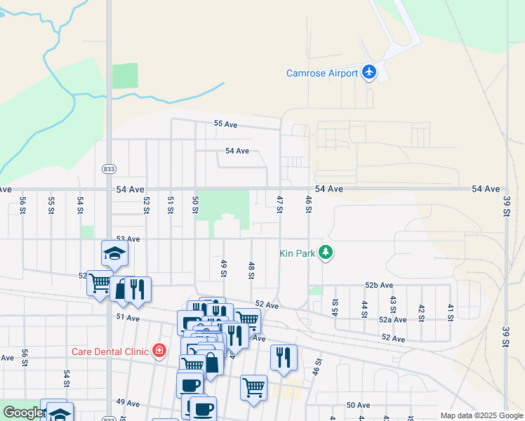 map of restaurants, bars, coffee shops, grocery stores, and more near 4803 54 Avenue in Camrose