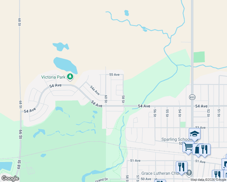 map of restaurants, bars, coffee shops, grocery stores, and more near 5810 54B Avenue in Camrose