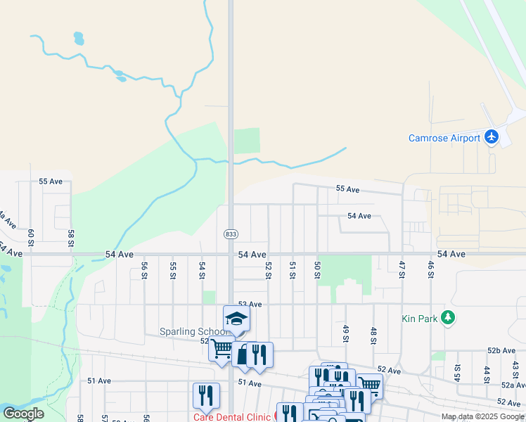 map of restaurants, bars, coffee shops, grocery stores, and more near 5418 52 Street in Camrose