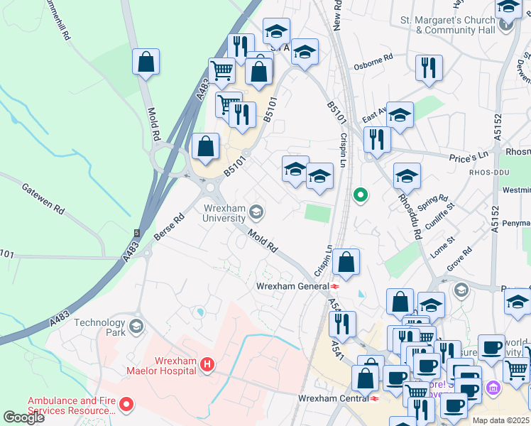 map of restaurants, bars, coffee shops, grocery stores, and more near Mold Road in Wrexham