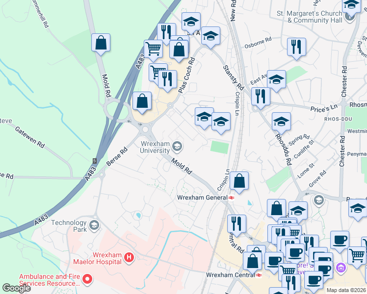 map of restaurants, bars, coffee shops, grocery stores, and more near Mold Road in Wrexham