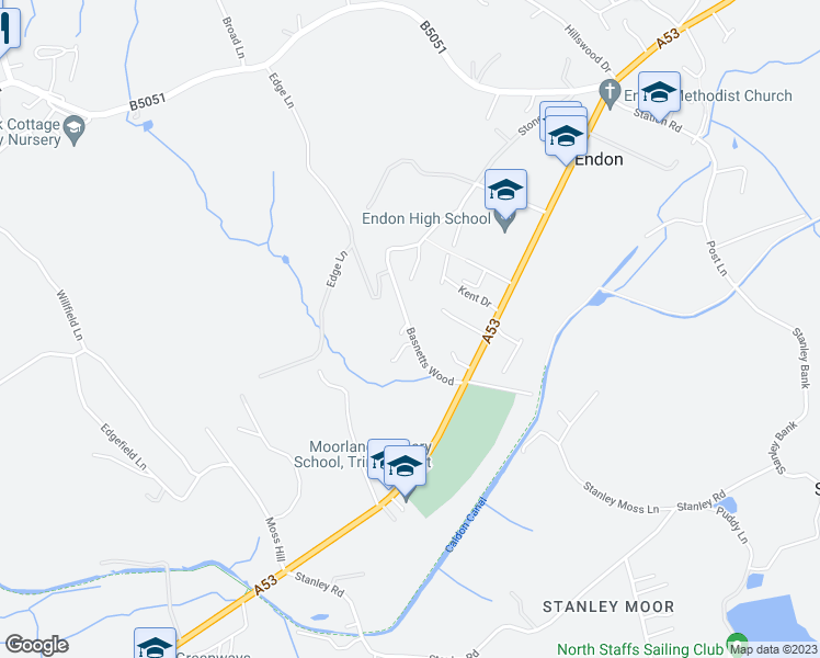 map of restaurants, bars, coffee shops, grocery stores, and more near Basnetts Wood in Endon