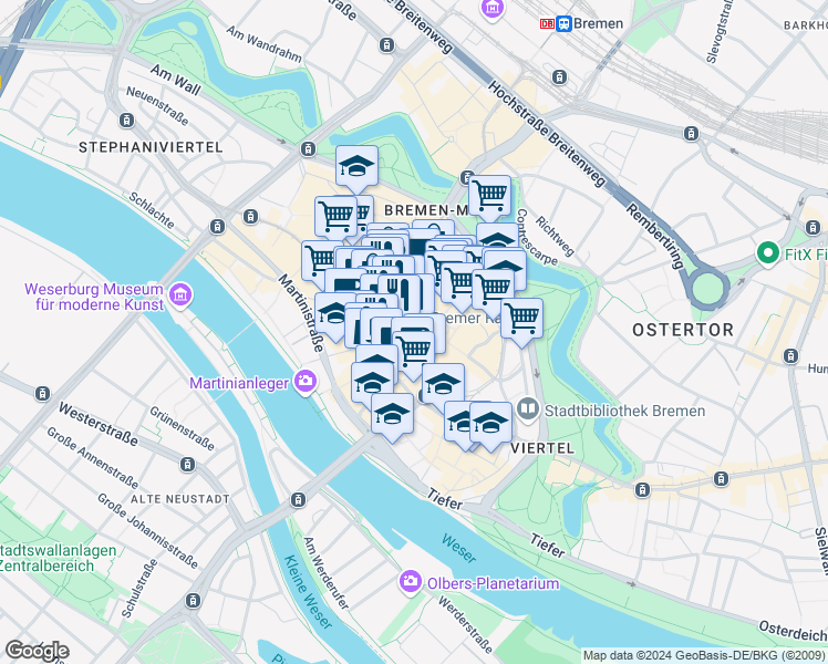 map of restaurants, bars, coffee shops, grocery stores, and more near 21 Am Markt in Bremen