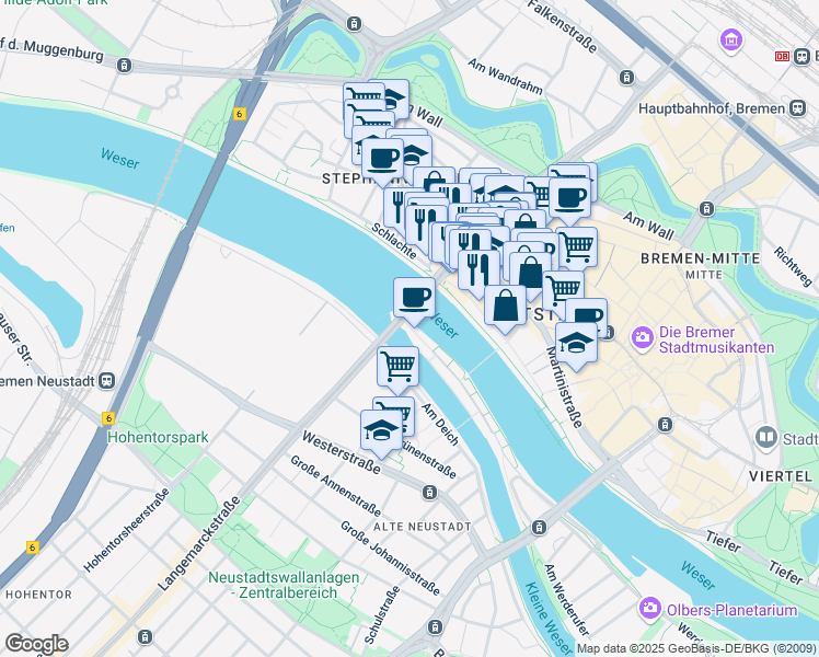 map of restaurants, bars, coffee shops, grocery stores, and more near 21 Teerhof in Bremen